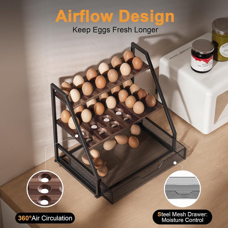 Wolera 3-Tier Wooden Fresh Egg Holder Countertop With Basket for 36+90 Eggs, Wooden Egg Holder Countertop with Carry Handle for Gathering 100+ Eggs, Duck, and Quail Eggs - Image 3